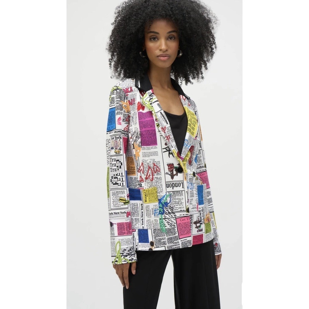 Joseph Ribkoff Serita Silky Knit Word Fitted Blazer Multi-Print EUC D13